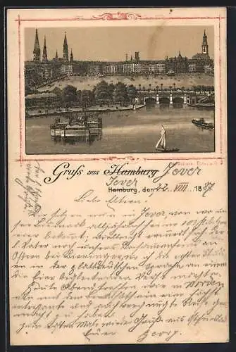 Vorläufer-Lithographie Hamburg, 1887, Lombardsbrücke und Binnenalster von der Aussenalster gesehen