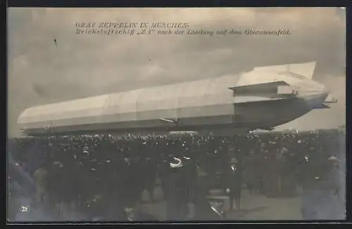 AK Graf Zeppelin in München, Reichsluftschiff Z1 nach der Landung auf dem Oberwiesenfeld