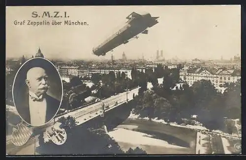 AK München, Graf Zeppelin mit dem SM Z 1 Luftschiff über der Stadt