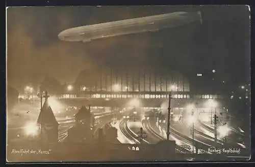 AK Hamburg, Zeppelin Hansa über dem Hauptbahnhof