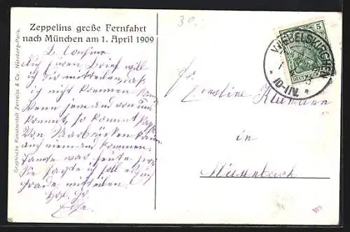 AK München, Zeppelins Fernfahrt, Ankunft des Zeppelin 1909