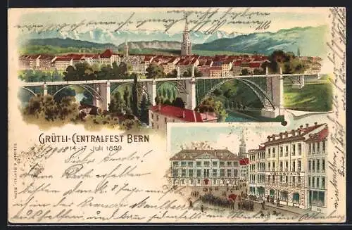 Lithographie Bern, Bahnhof, Ortsansicht mit Brücke