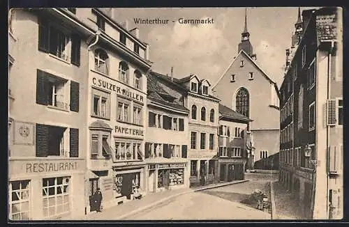 AK Winterthur, Garnmarkt mit Restaurant und Papeterie C. Sulzer-Müller