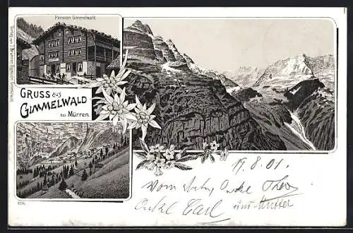 Lithographie Gimmelwald bei Mürren, Hotel Gimmelwald, Bergpanorama und Talblick