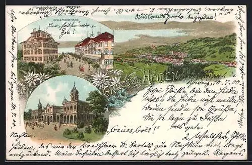 Lithographie Heiden, Hotel u. Pension Krone, Kurhaus und Gesamtansicht