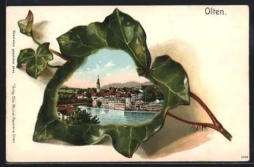 Lithographie Olten, Stadtansicht in einem Efeublatt