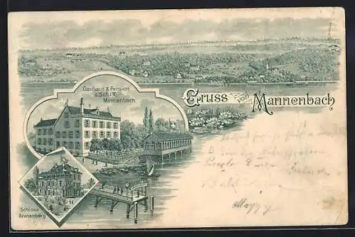 Lithographie Mannenbach, Gasthaus u. Pension zum Schiff und Schloss Arenenberg