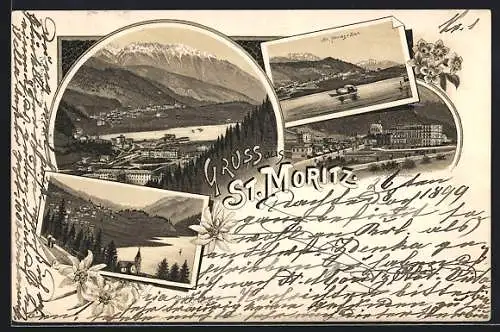 Lithographie St. Moritz, Dorfansicht u. Evgl. Kirche, Teilansicht von See, Badstrasse