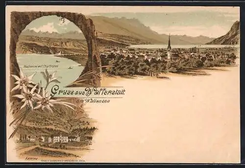 Lithographie Walenstadt / Walensee, Ansicht mit Churfirsten und Kaserne