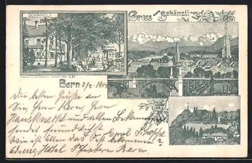 Lithographie Bern, Ortsansicht, Besucher am Schänzli