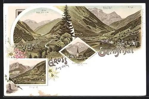 Lithographie Elm /Sernfthal, Engi II, Matt mit Kirche und Glärnisch