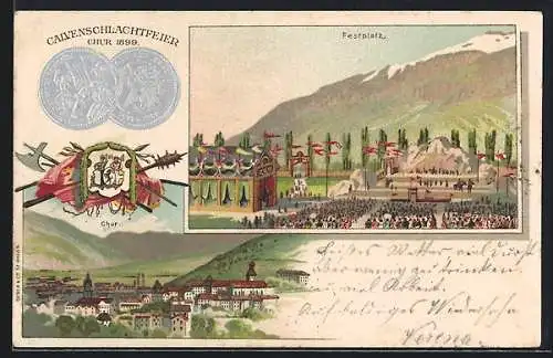 Lithographie Chur, Festplatz, erhabene Silbermünzen