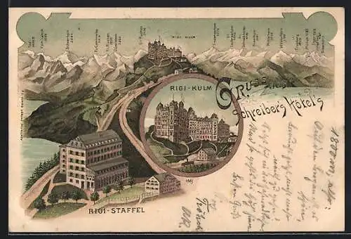 Lithographie Rigi-Kulm, Schreibers Hotels Kulm und Staffel