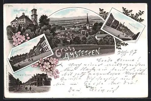 Lithographie Amstetten, Schloss Wallse, Hauptplatz, Wiener Strasse