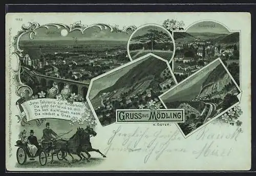 Mondschein-Lithographie Mödling /N. Öster., Klausen mit Elektrischer Bahn, Breite Föhre, Ortsansicht