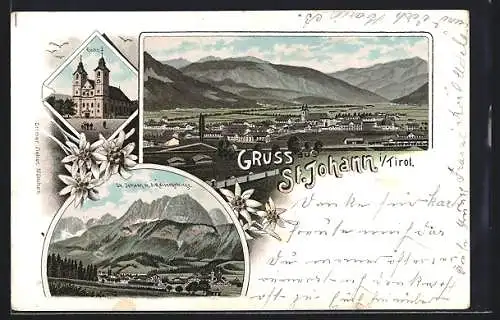 Lithographie St. Johann / Tirol, Kirche, Panorama mit Kaisergebirge