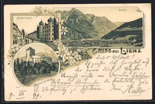 Lithographie Lienz, Totalansicht, Stadtplatz, Schloss Bruck