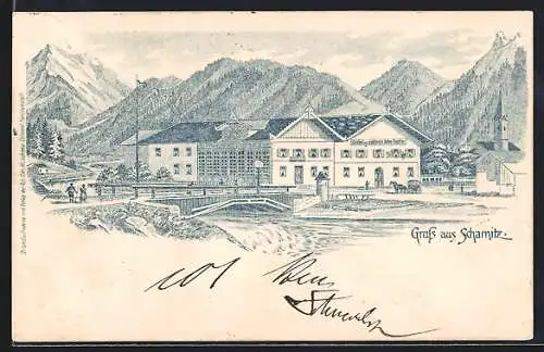 Lithographie Scharnitz, Flusspartie mit Gasthof zum goldenen Adler und Kirche