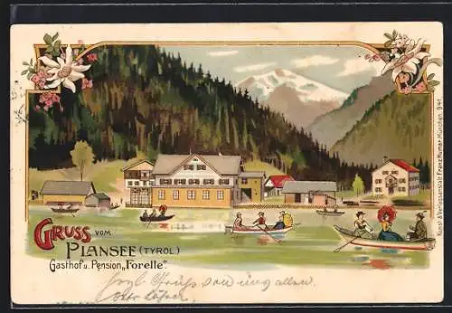 Lithographie Breitenwang, Gasthof und Pension zur Forelle vom Plansee gesehen