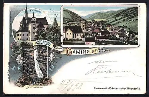 Lithographie Gaming /N.-Oe., Karthause, Schleierfall, Ortsansicht