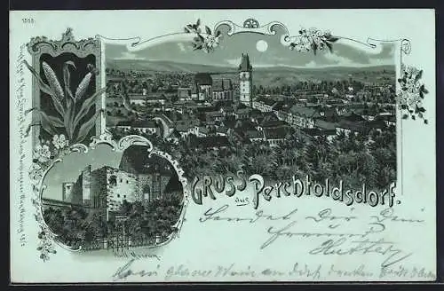 Mondschein-Lithographie Perchtoldsdorf, Hirtl Museum, Ortsansicht
