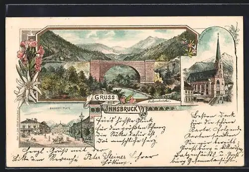 Lithographie Innsbruck, Bahnhofs-Platz, Stefans-Brücke, Kirche