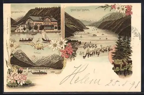 Lithographie Seespitz am Achensee, Teilansicht, Achensee gegen Achenkirch