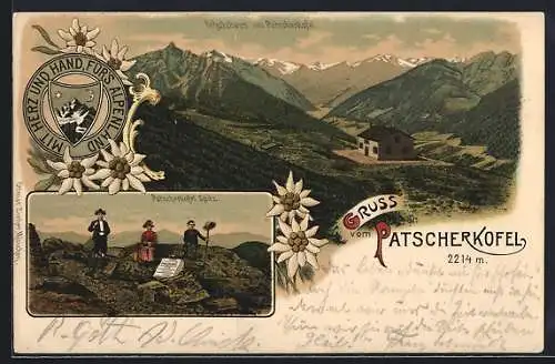 Lithographie Schutzhaus am Patscherkofel, Blick zur Berghütte, Wanderer an der Patscherkofel Spitz, Edelweiss