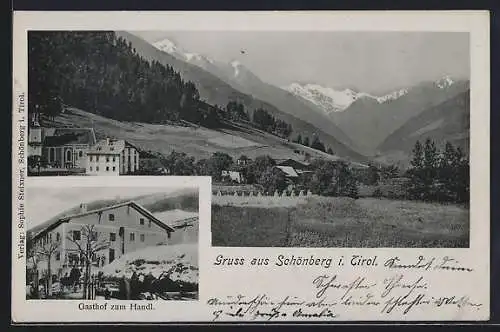 AK Schönberg / Tirol, Gesamtansicht, Gasthaus zum Handl