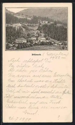 Lithographie Dölsach, Ortsansicht am Bergfuss