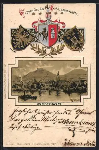 Lithographie Mautern / Donau, Uferpartie mit Kirche, Wappen von Krems und Stein