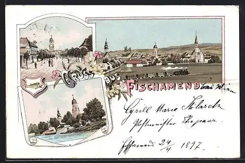 Lithographie Fischamend, Strassenpartie, Ortsansicht mit Dampfzug