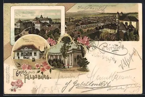 Lithographie Feldsberg, Gasthaus, Schloss Lichtenstein, Ortsansicht