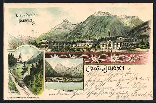 Lithographie Jenbach, Hotel & Pension Toleranz, Zahnradbahn Achensee