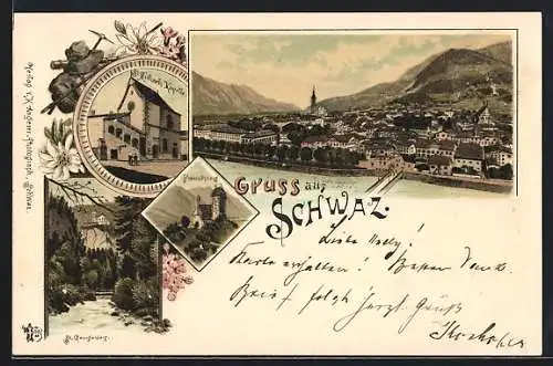 Lithographie Schwaz, Michaels-Kapelle, Freundsberg, St. Georgenberg