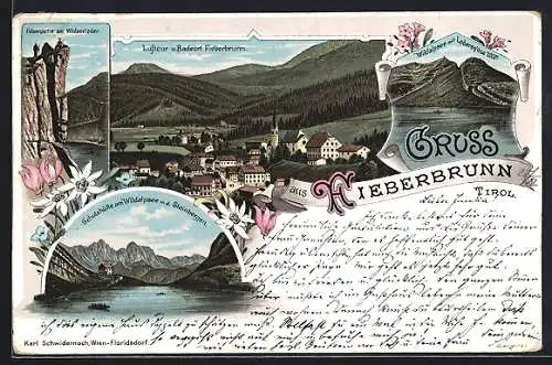 Lithographie Fieberbrunn, Teilansicht, Schutzhütte am Wildalpsee m. d. Steinbergen, Felsenpartie am Wildseeloder