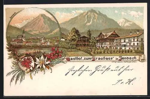 Lithographie Jenbach, Gasthof zum Brauhaus, Totalansicht