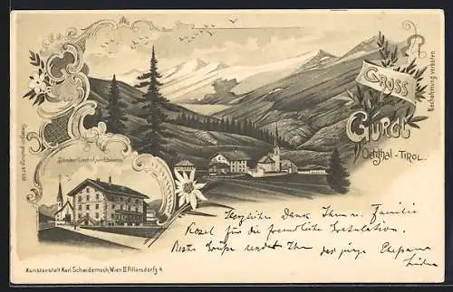 Lithographie Gurgl i. Oetzthal, Schreibers Gasthof Zum Edelweiss