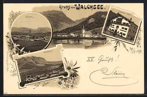 Lithographie Walchsee, Gasthof z. Post, Kössen, Ortsansicht