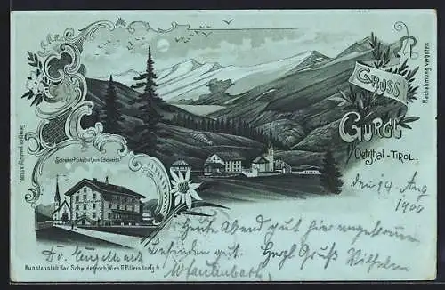 Mondschein-Lithographie Gurgl /Oetzthal, Schreiber`s Gasthof zum Edelweiss, Ortsansicht