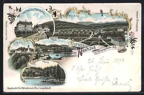 Lithographie Neuhaus i. Wienerwald, Hotel Stephanie u. Hotel Neuhaus, Alte Burg, Park