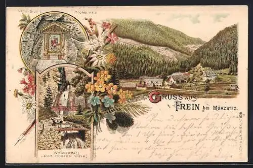 Lithographie Frein / Mürz, Wasserfall zum Todten Weib, Bildstock Todtes Weib, Panorama um 1900