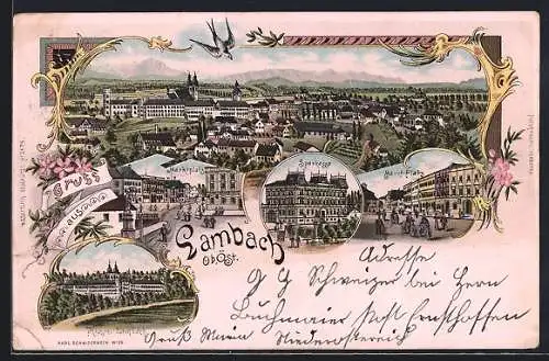 Lithographie Lambach /Ob.-Öst., Kloster Lambach, Marktplatz, Sparkasse