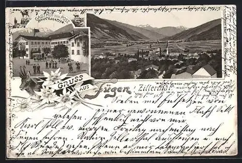 Lithographie Fügen i. Zillerthal, Totalansicht mit Gasthof zur Post