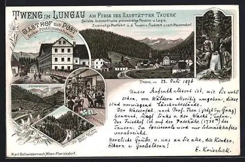 Lithographie Tweng im Lungau, Gasthaus zur Post, Thenfall, Ortsansicht