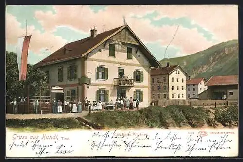 AK Kundl, Gasthaus Wallner mit Gästen