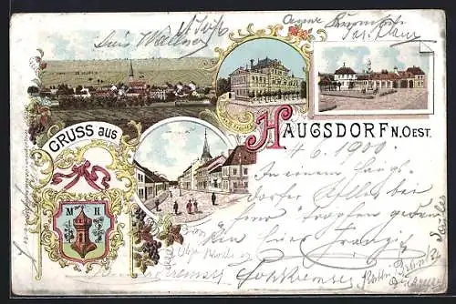 Lithographie Haugsdorf, Marktplatz mit Denkmal, Strasse mit Kirche, Totalansicht vom Ort, Wappen