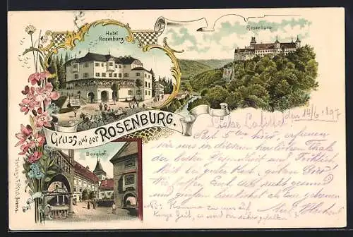 Lithographie Rosenburg, Hotel Rosenburg, Burghof