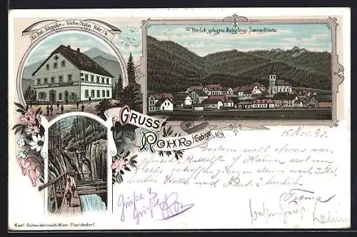 Lithographie Rohr i. Gebirge, K. k. Post-, Telegrafen- und Telefon-Station, Ortsansicht