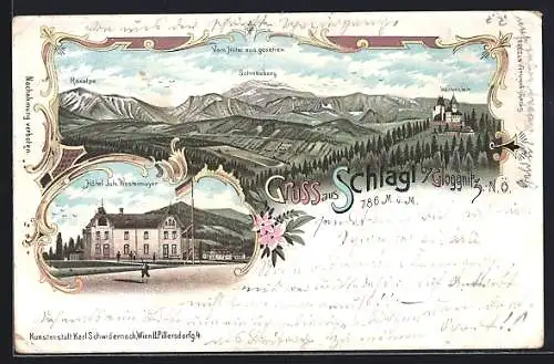 Lithographie Schlagl b. Gloggnitz, Hotel Joh. Westermayer, Panorama